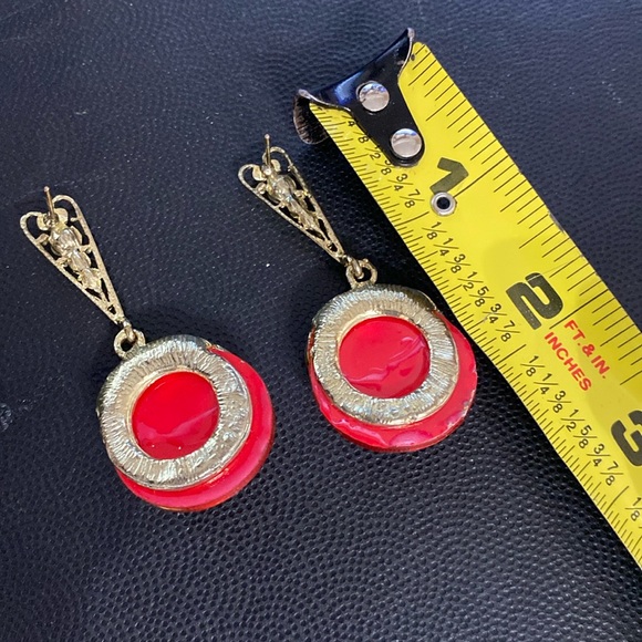 Vintage Gold tone, acrylic orange & rhinestone pierced dangling pierced Earrings - Picture 4 of 6